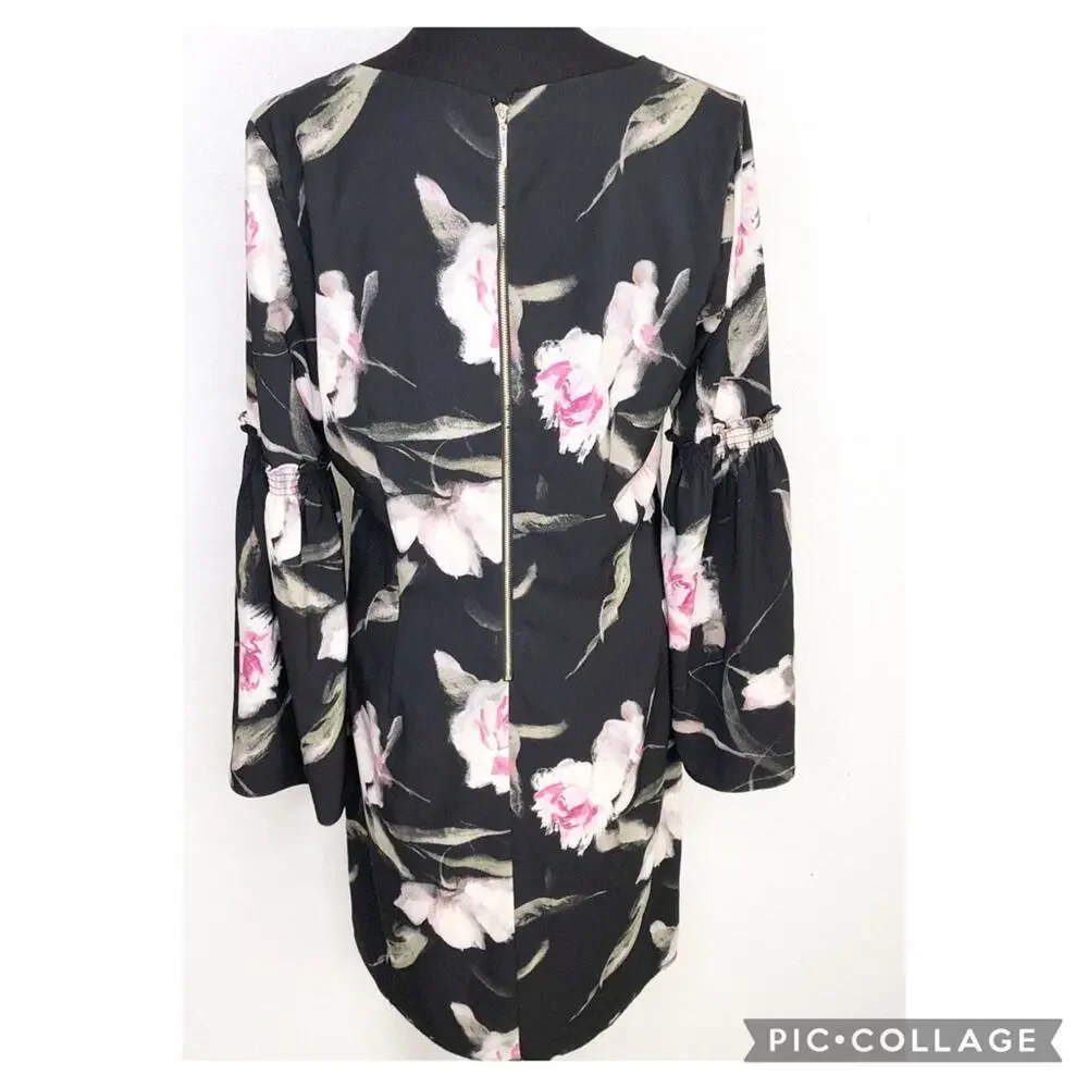 WHBM black pink floral v neck bell sleeve dress size 10